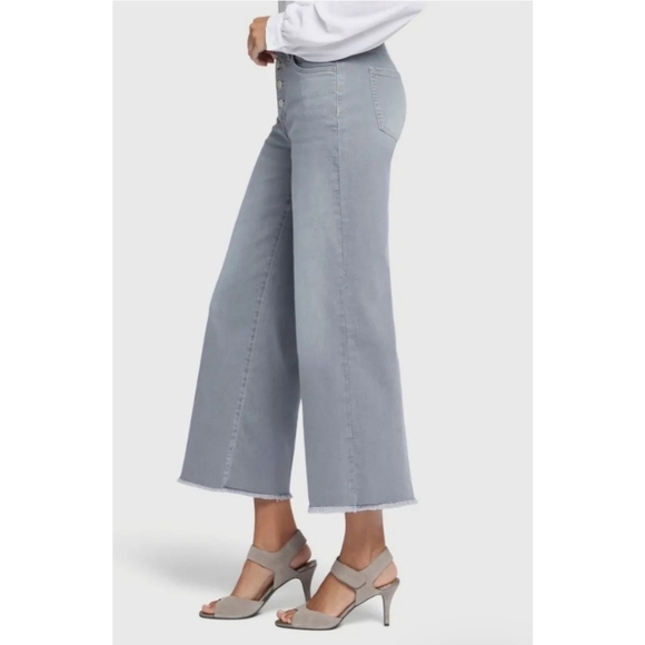 NYDJ Teresa Wide-Leg Frayed Edge Button Fly Jeans In Rocksand - Picture 3 of 15